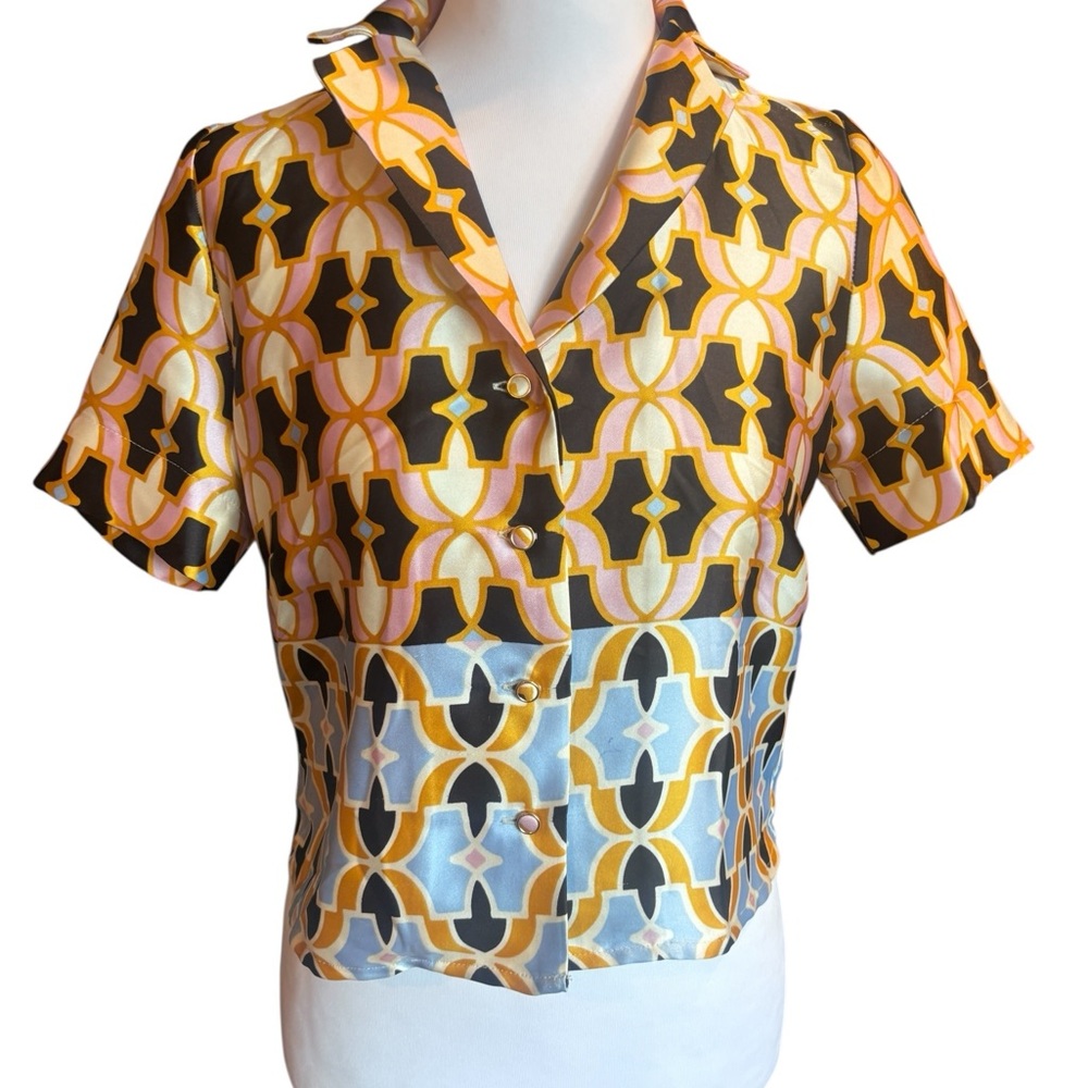 Bailey 44 Geometric Print Button Front Blouse XS Retro Mod Top